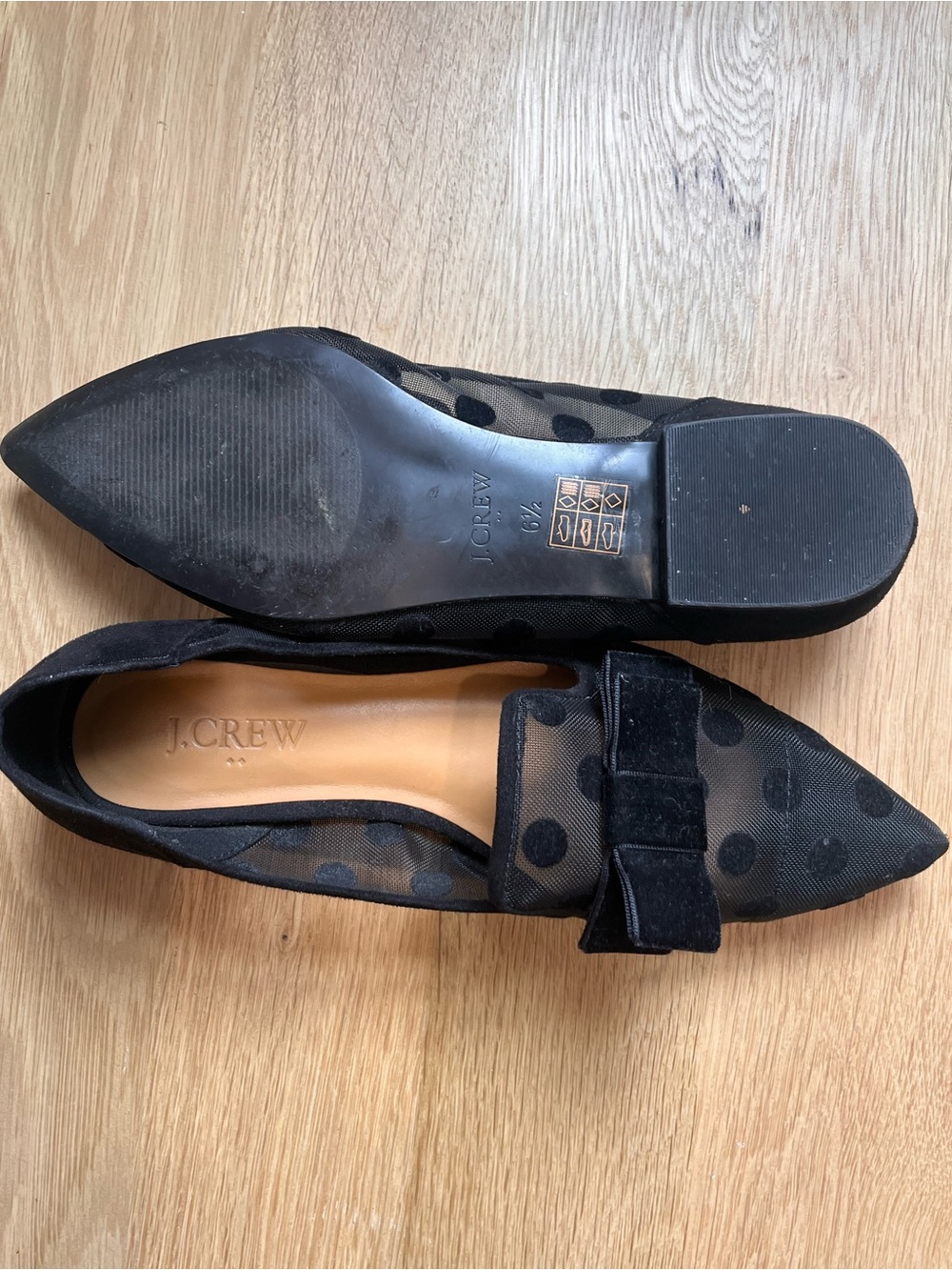 J. Crew Black Polka Dot Pointed-Toe Mesh Loafers with Bow